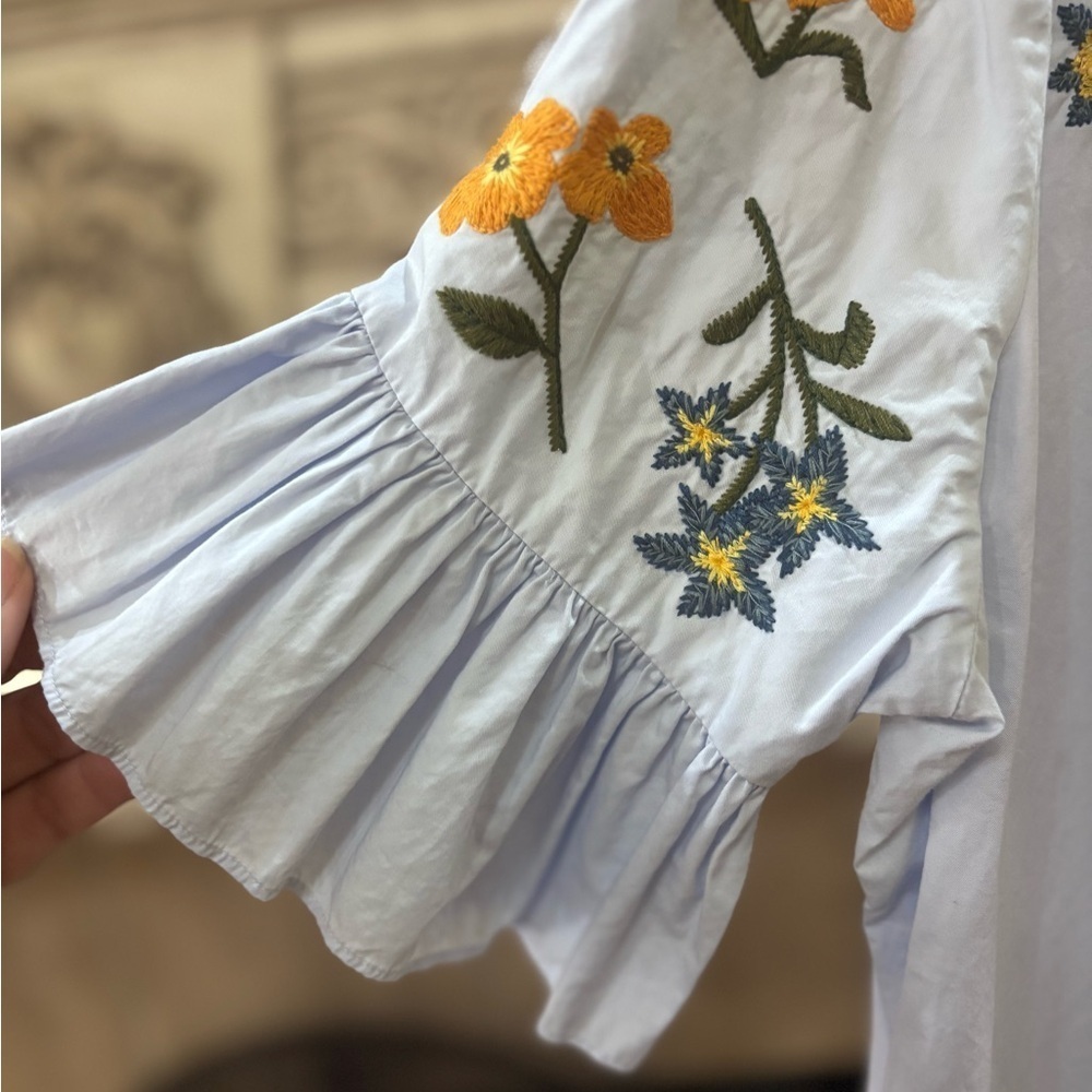 Zara Light Blue Floral Embroidered Oversized Button Down Shirt Dress Size Small - Picture 4 of 10
